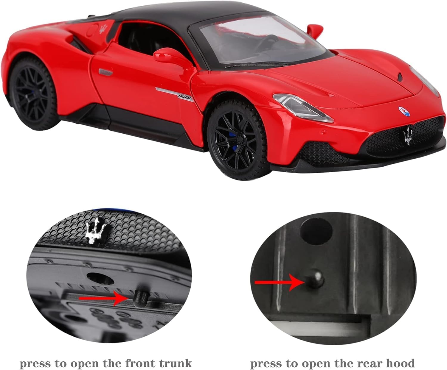 NIYANETAIL Alloy Metal Pull Back Diecast Car Scale Model with Openable Doors, Lights, and Music and Party Decoration Toy for Girls and Boys (1/32 Maserati MC20 CAR Multicolor) 3