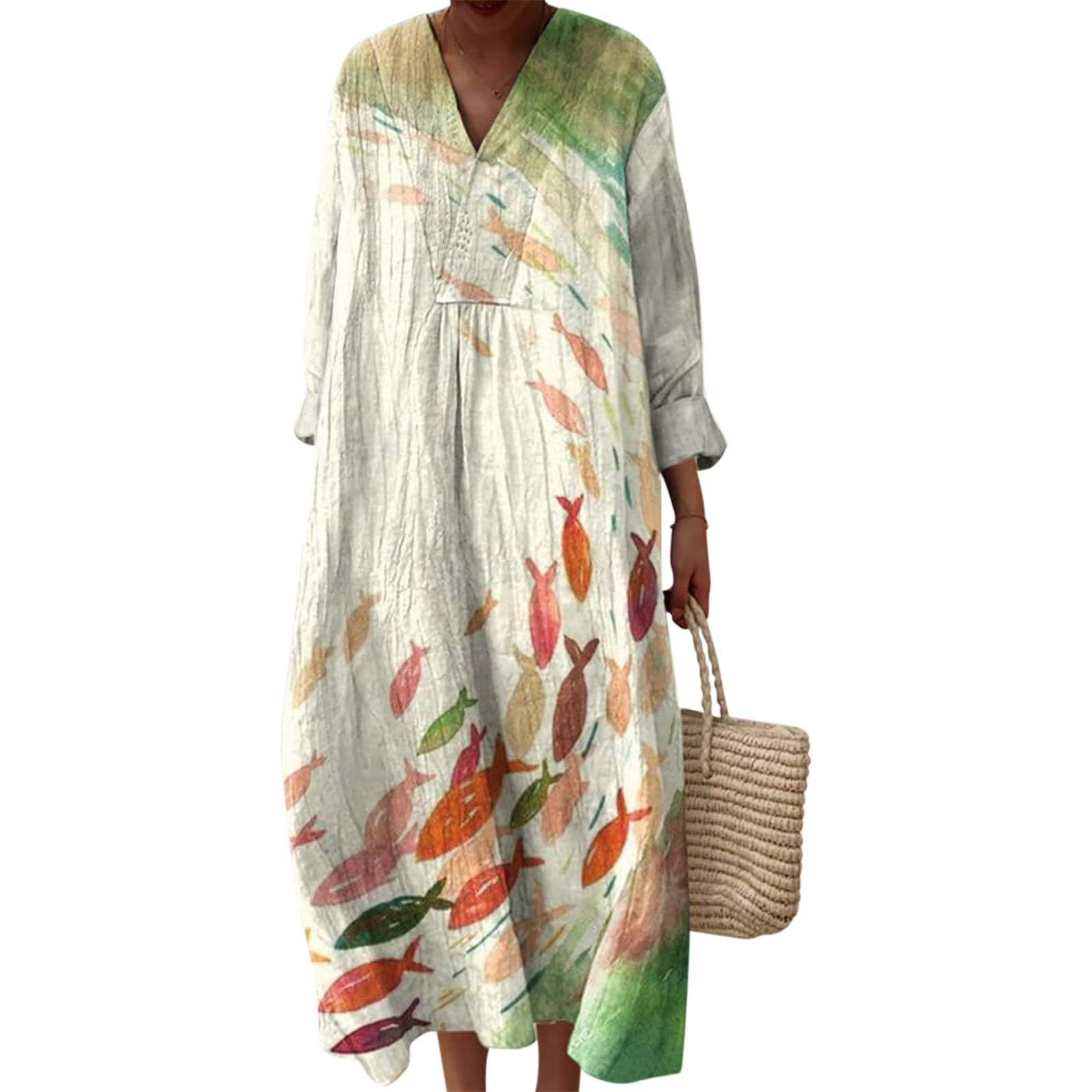 Abito Lungo Donna Elegante - Abito Cotone Manica Lunga Vestito Scollo A V