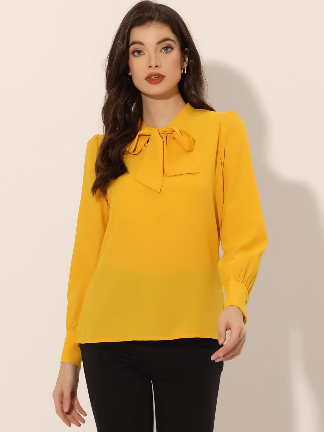 Allegra K Women's Bow Tie Neck Elegant Top Long Sleeve Solid Work Office Blouse - Image 3