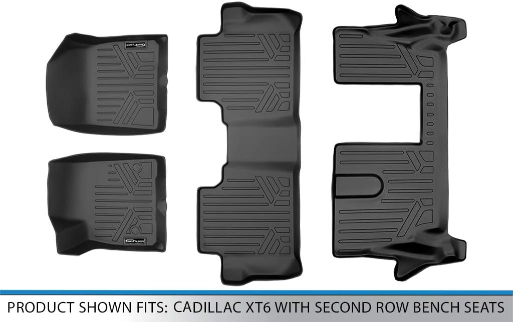 SMARTLINER Custom Fit Floor Mats 3 Row Liner Set Black Compatible with 2020-2023 Cadillac XT6 with 2nd Row Bench Seat