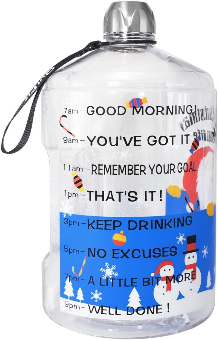 QuiFit 1 Gallon Water Bottle with Motivational Time Marker 128/73/43 oz Large Capacity BPA Free Reusable Sports Water Jug with Handle to Drink More Water(Christmas,1 Gallon)