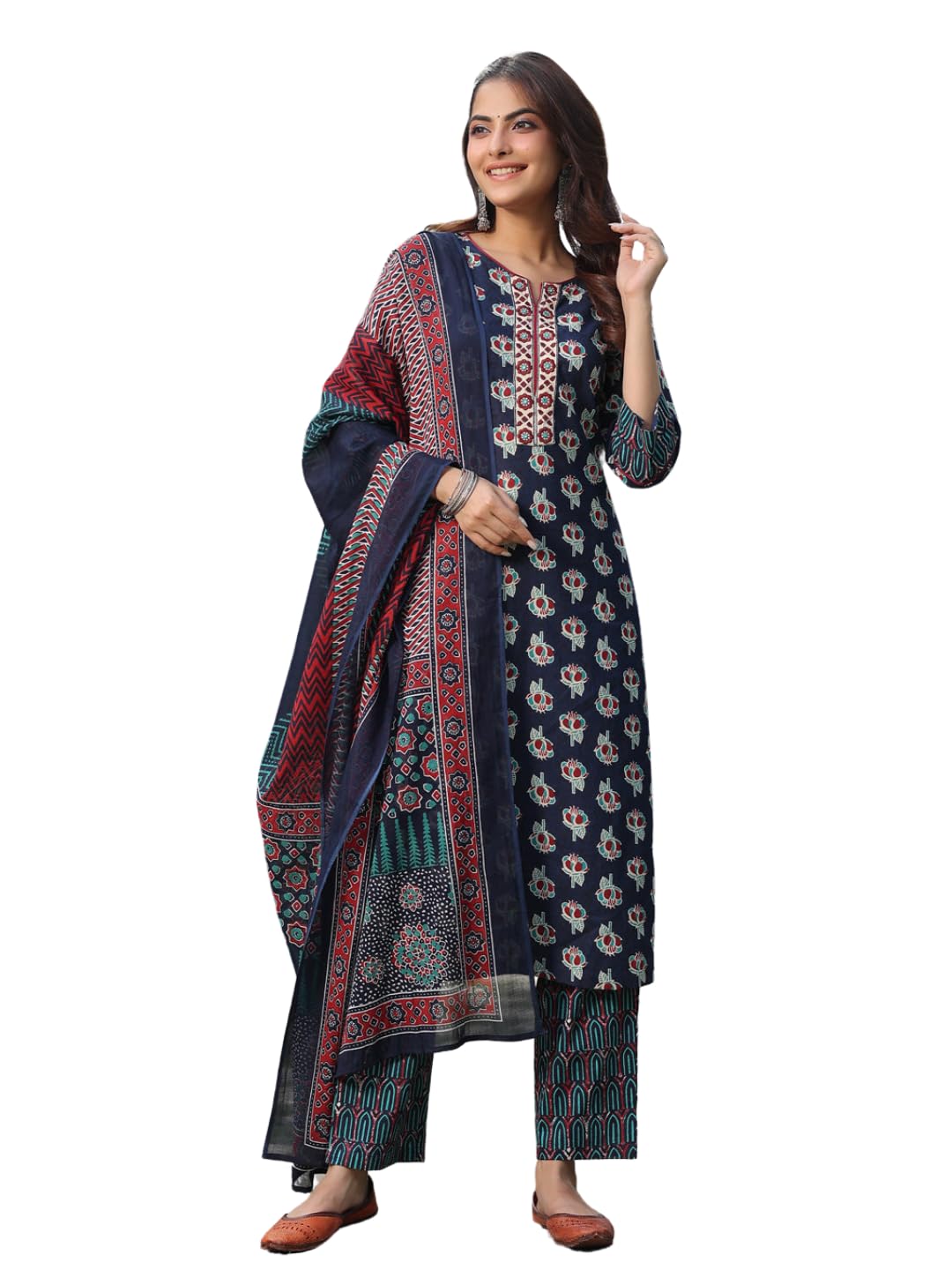 Nainvish Women's Blue Printed Straight Rayon V-Neck Kurta Pant With Dupatta (Sd694_Kbd-Xl_Blue)