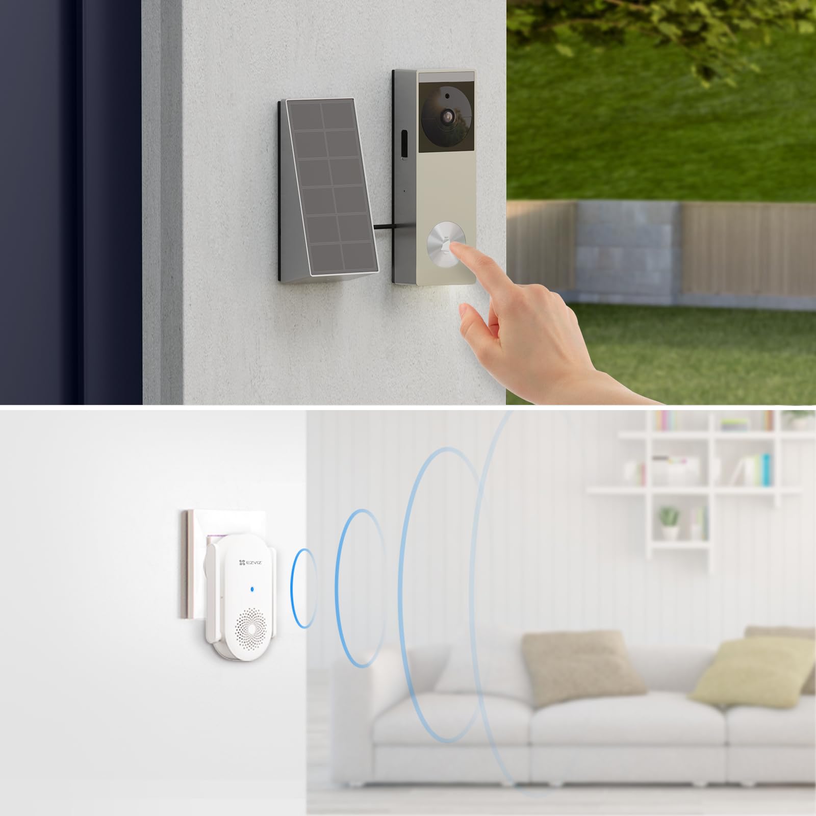 EZVIZ Sonnette Vidéo sans Fil avec Caméra 2K, Sonnette Extérieur avec Panneau Solaire & Batterie,Vision Nocturne Couleur, Détection de Personnes, Vue Ultra Large, Stockage eMMC 8 Go,CP3 Pro et CH1 Kit