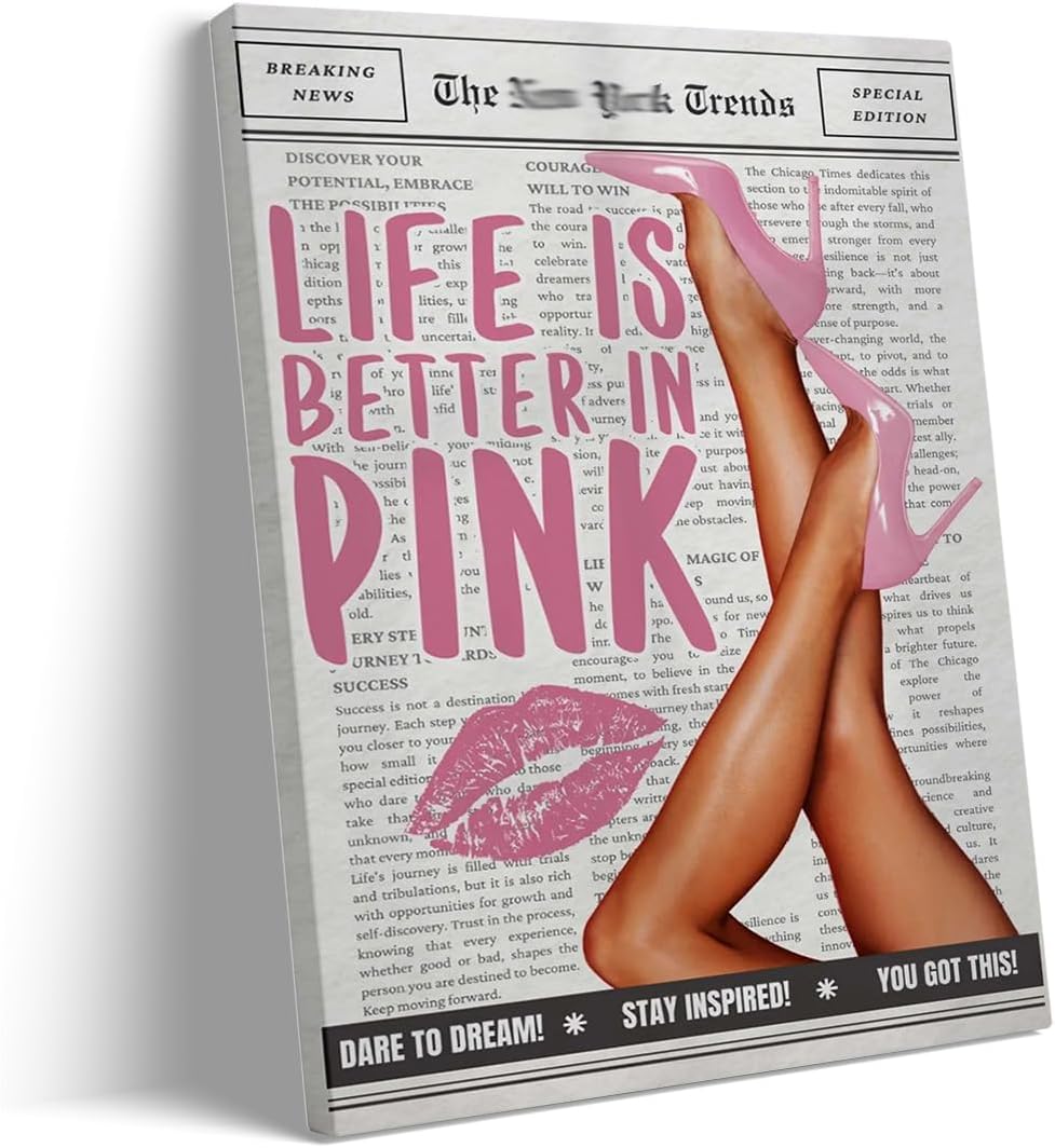Retro Vintage Baby Pink Newspaper Wall Art Print High Heels Design – Feminist Aesthetic Poster, Trendy Bedroom Decor, Apartment Artwork, Dorm Room Feminism Fashion Prints 24x36in Large Frame wall art