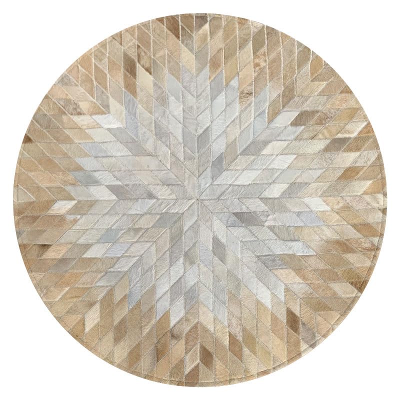 Suixtil Tapis en Peau de Vache 100% Cuir, Rond, antidérapant, insonorisant, for Salon, Style Patchwork Vintage, Grand Format, Fait Main