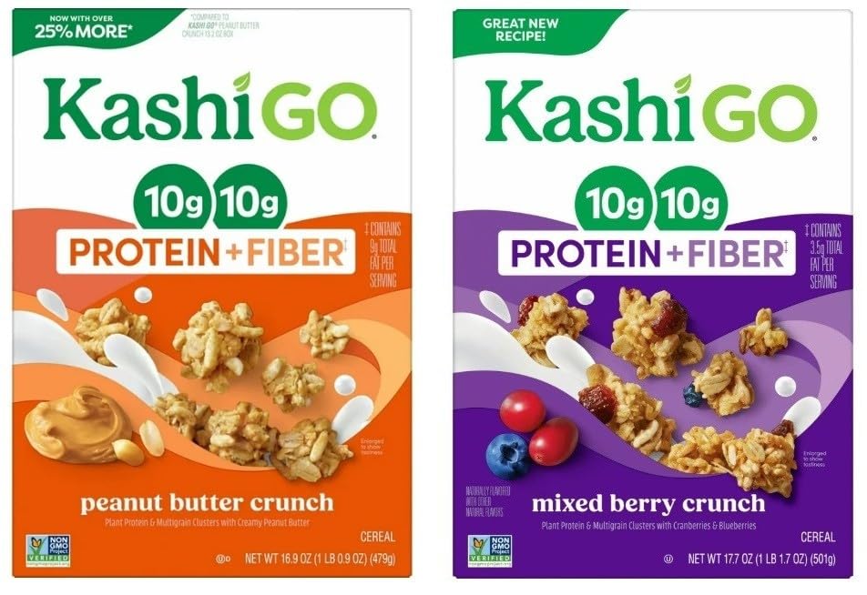 Variety Pack - Cold Breakfast Cereal byKashi- Vegan Protein - Fiber Cereal - Peanut Butter Crunch & Mixed Berry Crunch - Pack of 2 (1 Box of Each Flavor)