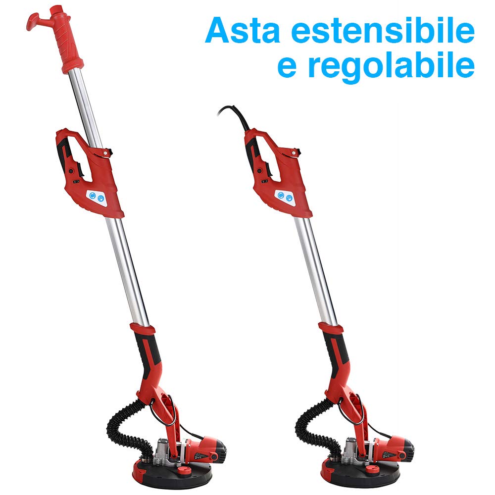 Bakaji Levigatrice Muro Soffitto Carteggiatrice Giraffa Cartongesso 750W Potenza 800-1750 rpm Aspirazione Polvere Automatica con Tubo Asta Telescopica e 6 Dischi Abrasivi 225mm Inclusi