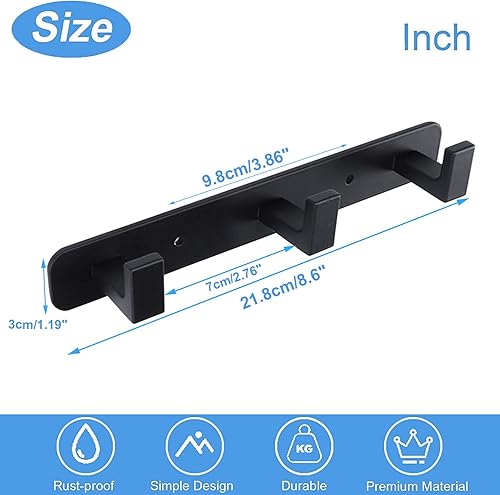 Miniatura 7 de Perchero de acero inoxidable resistente con 3 ganchos de tres abrigos, ganchos de pared montados en la pared, gancho rústico para ropa  riel de