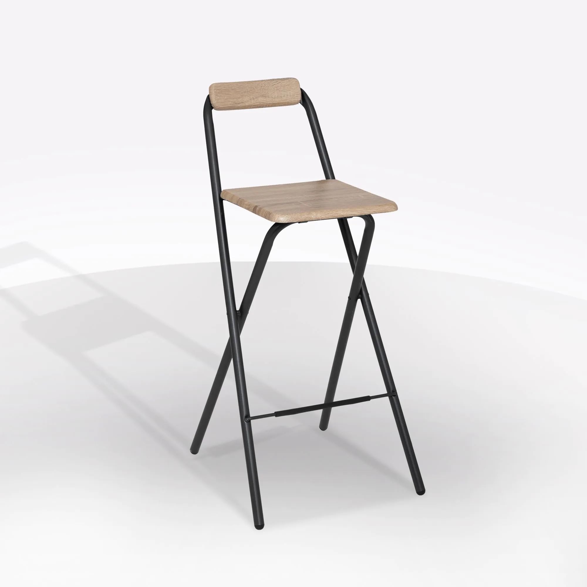 Bissolo Casa Sgabello Alto Pieghevole, Seduta in MDF Naturale, Struttura in Metallo Nero, 47,5 x 50 x 98 cm, Altezza Seduta 75,5 cm