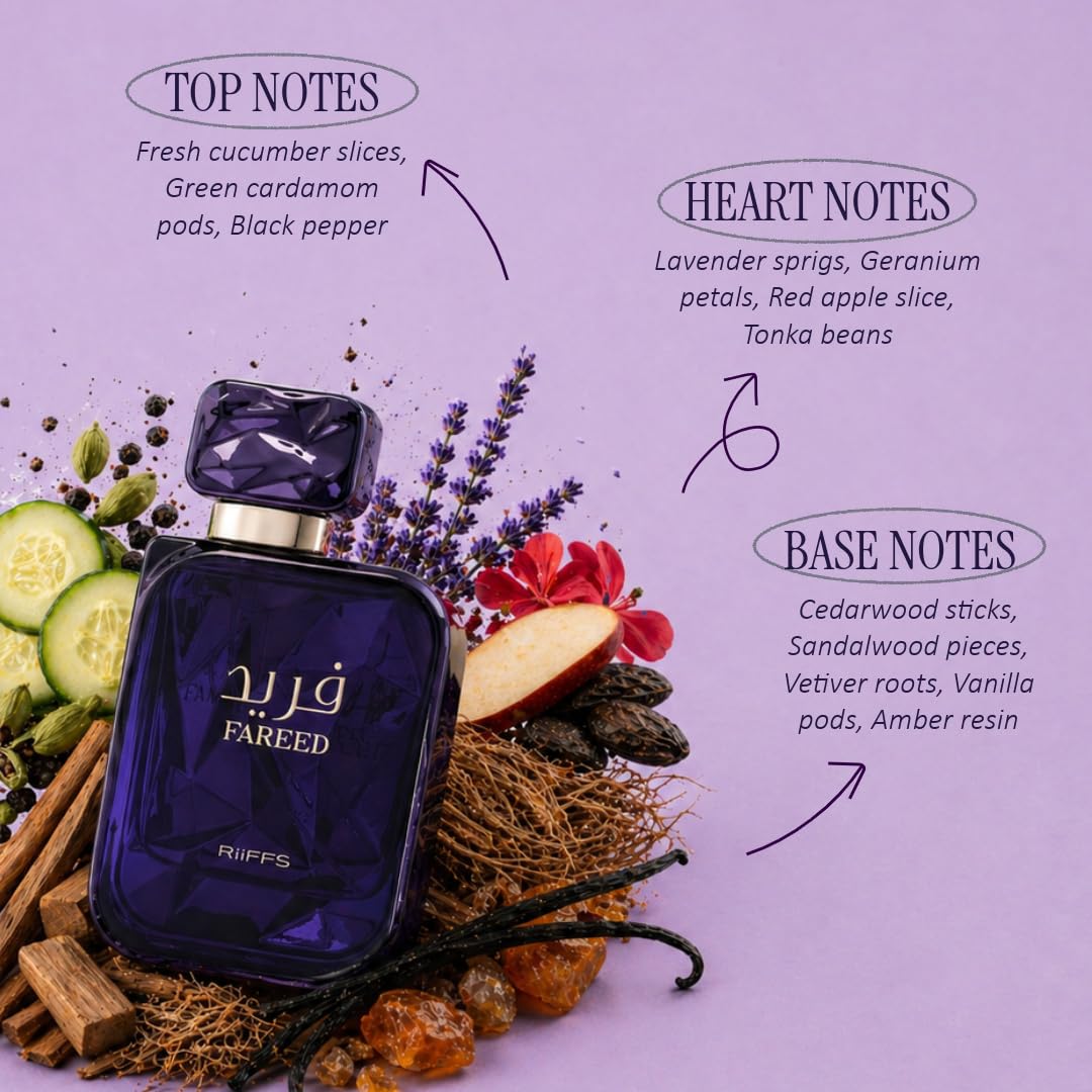 RiiFFS Parfums Fareed Eau de Parfum da uomo, profumo fresco speziato a lunga durata, con cetriolo, cardamomo e ambra, fragranza araba di lusso, 100 ml