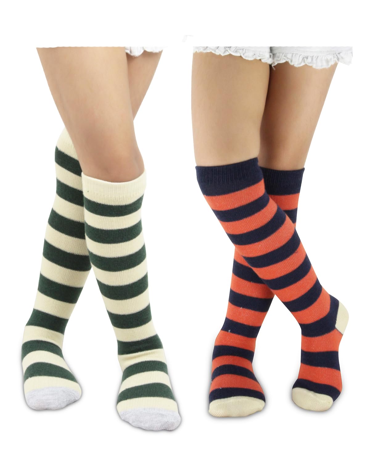 Neska Moda Baby Boys & Girls 2 Pair Cotton Striped Knee High Socks/Long Socks/Stockings For 2 to 3 Years (Green,Beige,Orange,Navy Blue)-SK1097andSK1105 1