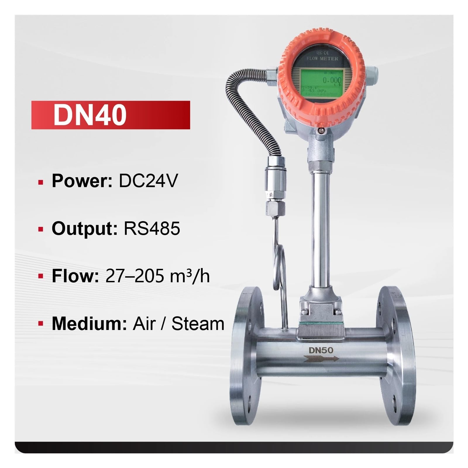 Medidor de flujo de gas con compensación de temperatura y presión, 304SS, 4-20 mA, RS485, medidor de flujo digital for, aire y gas Garantizar la estabilidad(DN40-RS485)