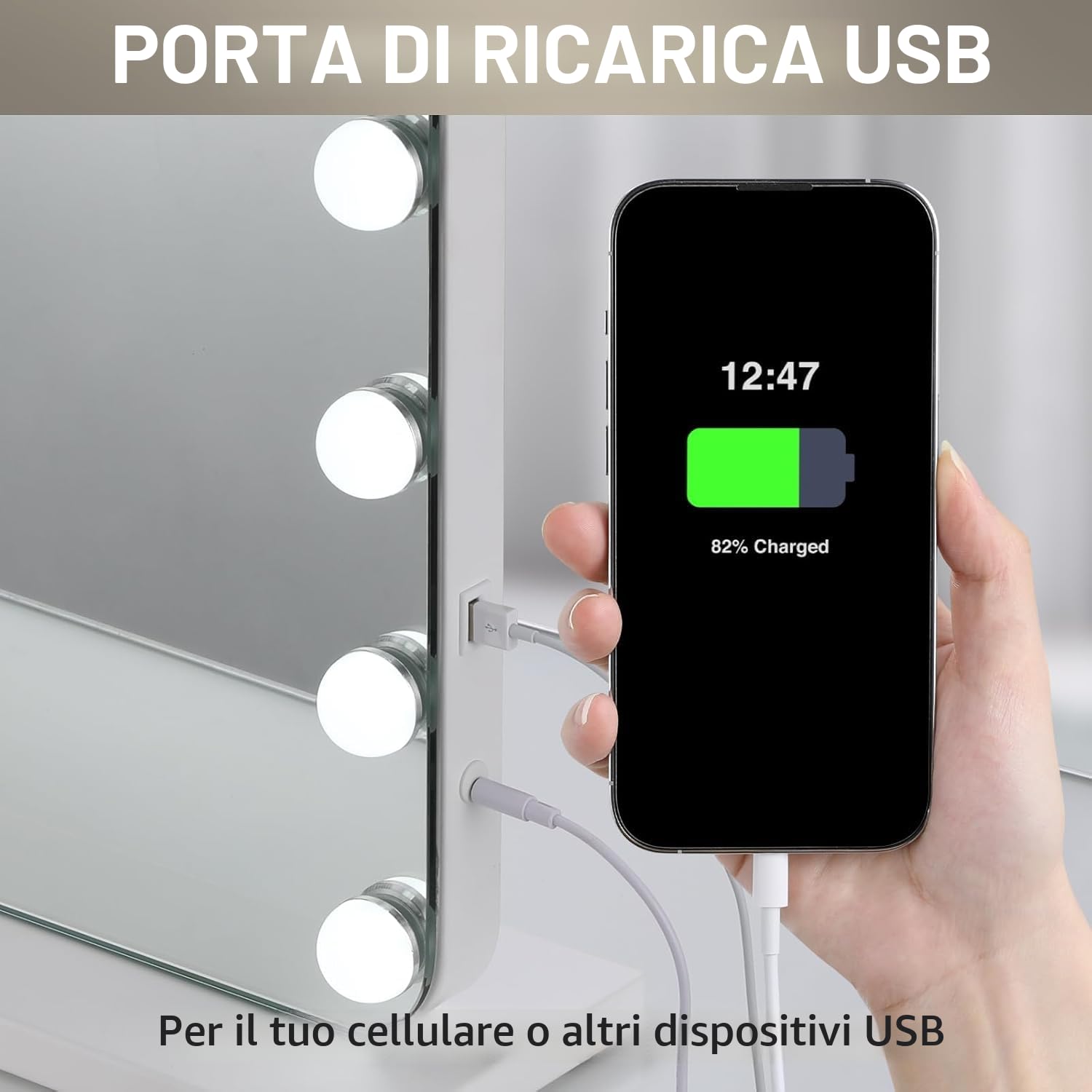 Hollywood Specchio Trucco con Luci,15 LED,50x40 cm,Specchio da parete,3 Temperature di Colore,Controllo touch e lente d'ingrandimento 10X,USB,Specchio da tavolo,specchio con luci make up,Bianco
