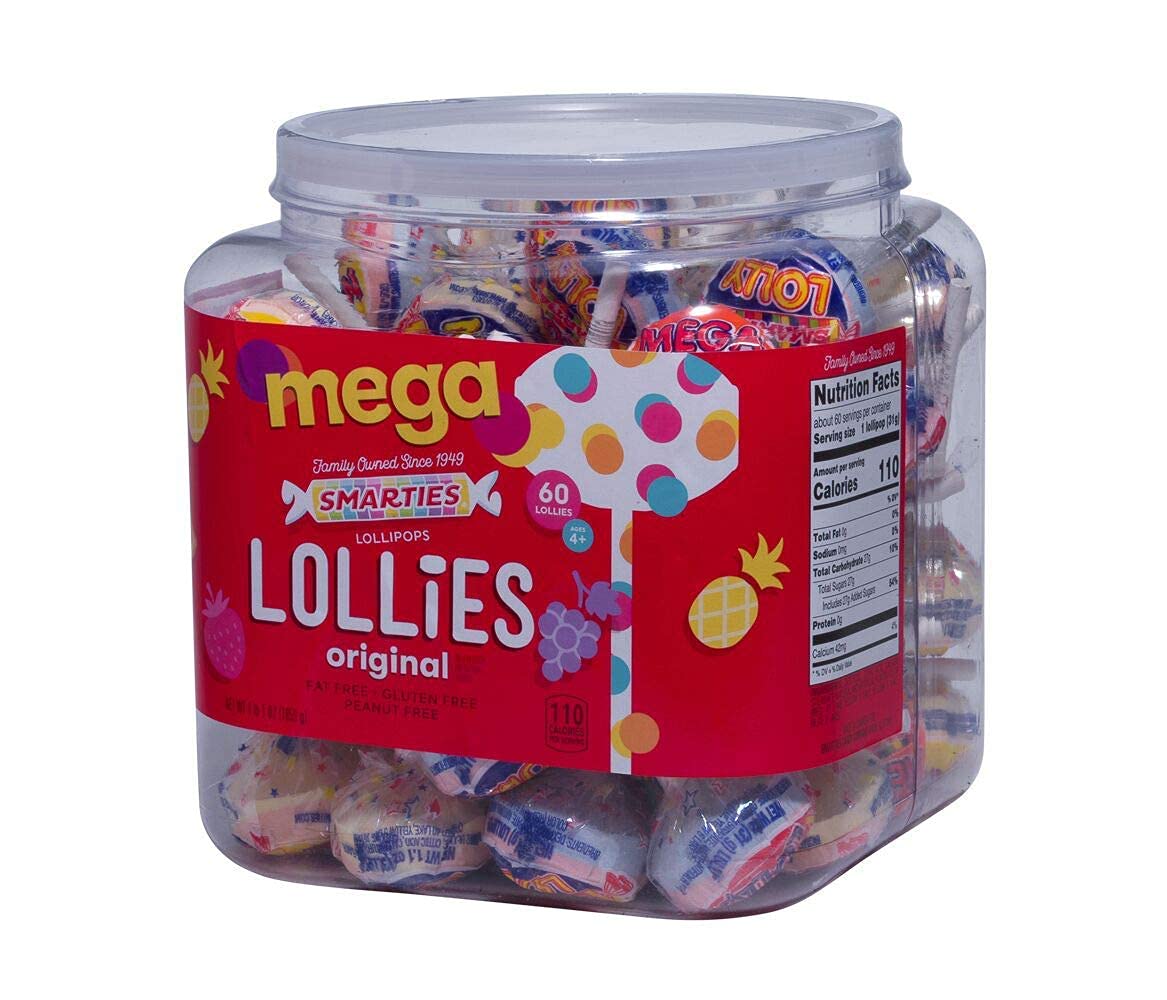 SmartiesLollies Mega - Gluten Free, Peanut Free, Fat Free Assorted Fruity Flavors Lollipops - Perfect for Birthdays, Parties - Made by US Candy Company Since 1949-64oz, 60 Count Jar (Pack of 1)