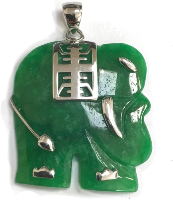 Silver Empire JewelrySterling Silver Necklace Green Natural Jade ELEAPHNT Charm with Longevity MEANING-18 inches Cable Chain