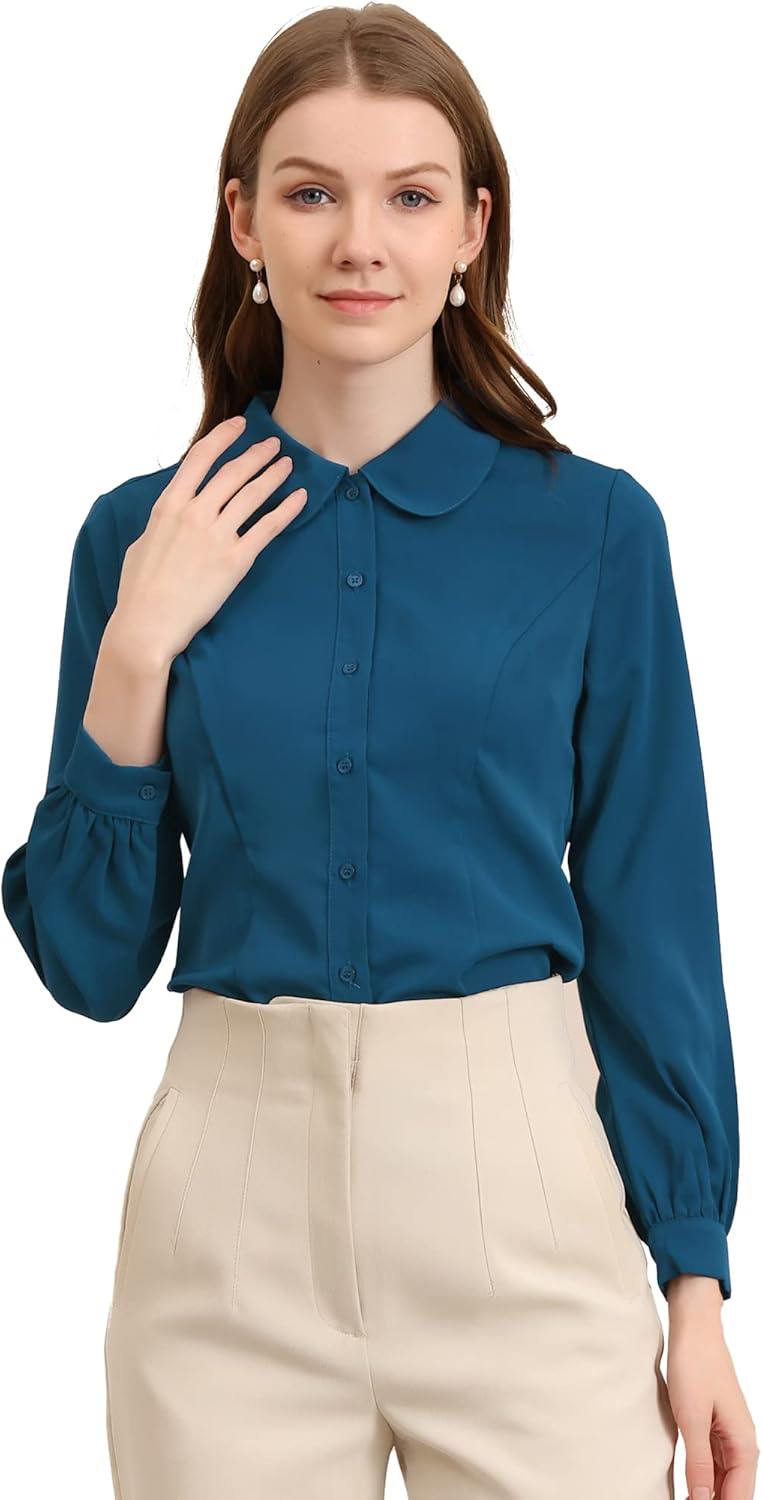Allegra K Women's Peter Pan Collar Blouse Business Casual Long Sleeve Button Down Work Shirt