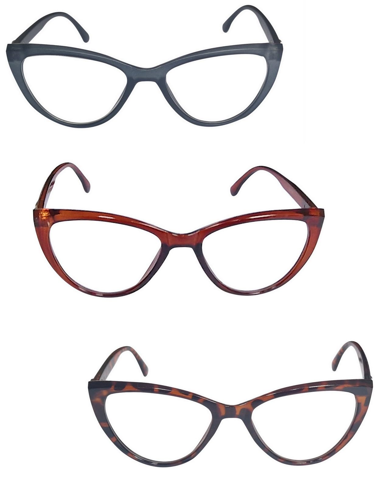 Fads & Fashions Cat Eye Reading Glasses Womans Stylish Fashion Chic Bling Retro 1960s Metal Hinges DX64 (3 Pack BLACK+BROWN+TORTOISE, 2.50, x)