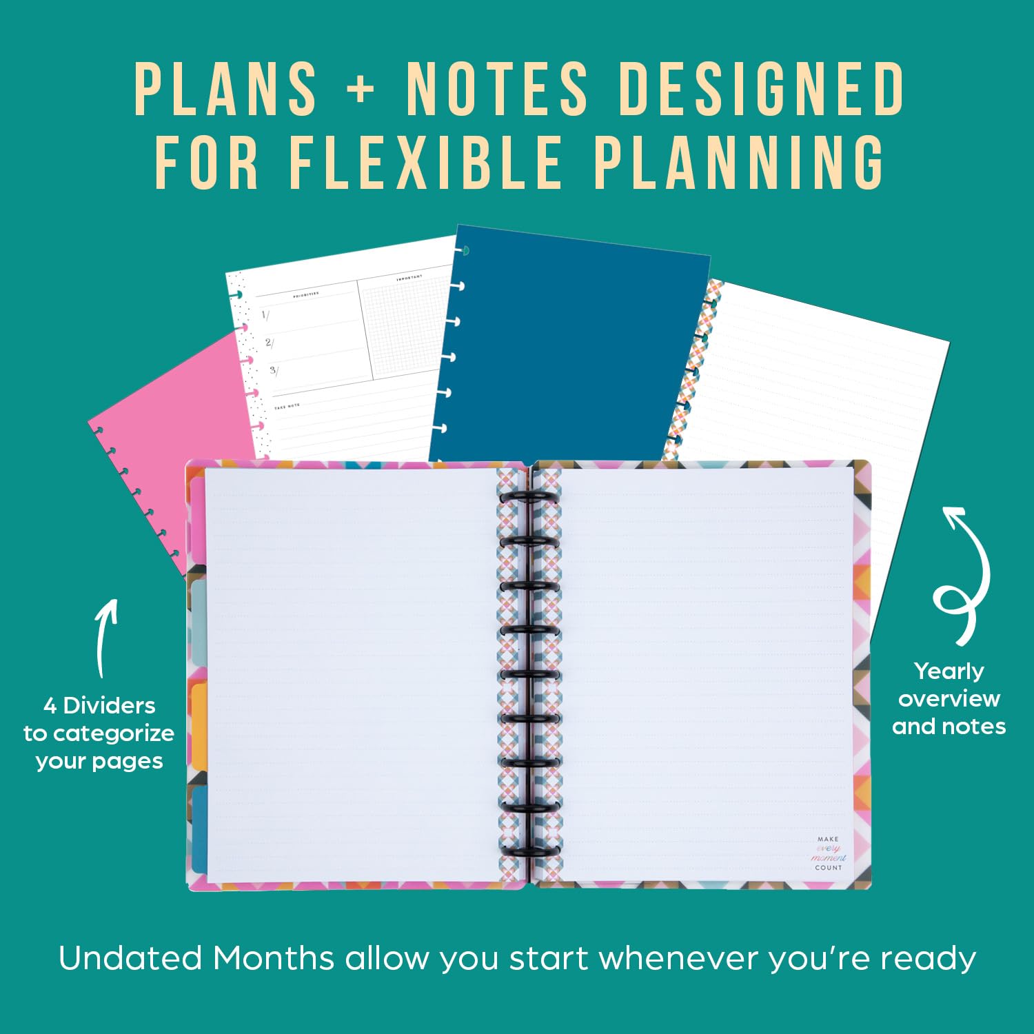 Happy Planner - Planificador mensual sin fecha + notas, planificador mensual, planificador de 12 meses, tema casero, tamaño clásico, 95 páginas, 4 divisores, 12 hojas de calcomanías para planificador,