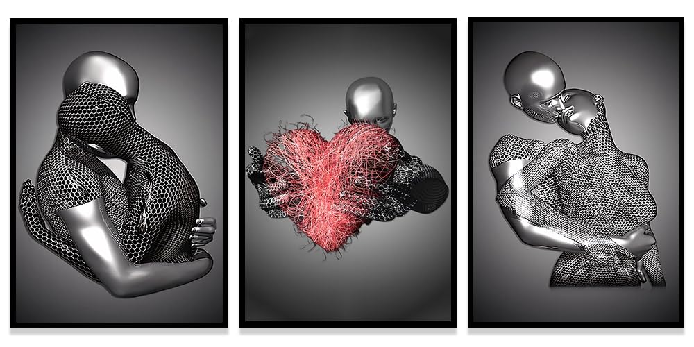 WADBTP Modern Art Metal Figure Canvas Painting Poster, Metal 3D Sculpture Effect, Romantic Lovers Hug Home Poster Set