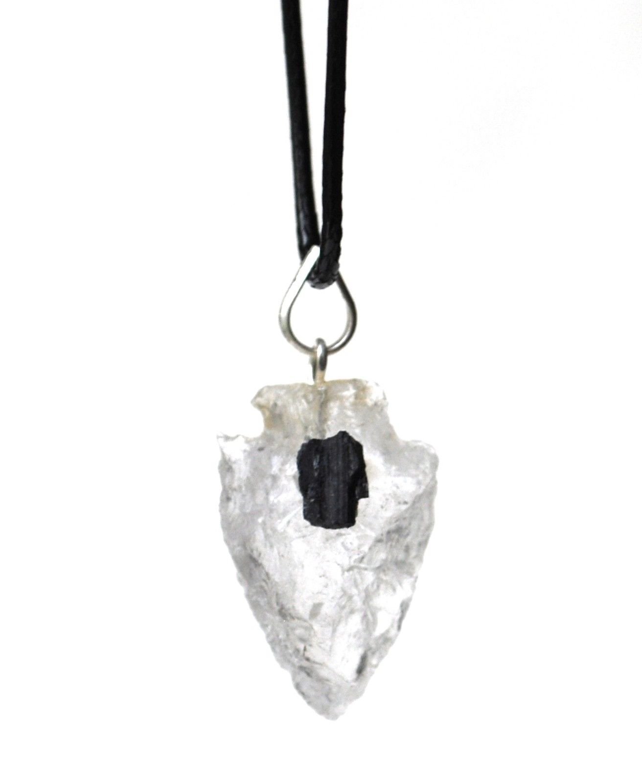 Reiki Energy Charged Raw Clear Quartz/Black Tourmaline Chip Arrowhead Pendant with Cord (Beautifully Gift Wrapped)