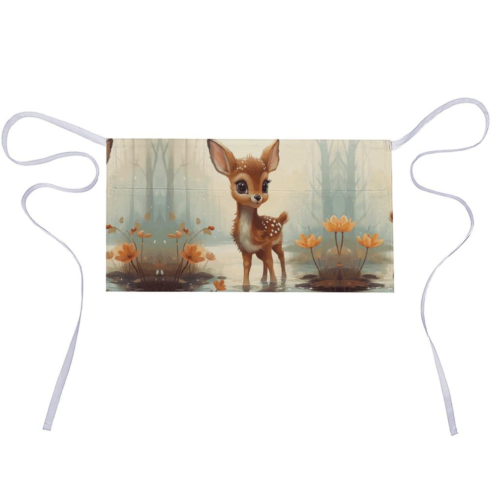 KLWQR Cute Deer Server Aprons Waterproof Adjustable Waiters Apron Half Apron With 3 Pockets Kitchen Restaurant Short Apron for Women Men