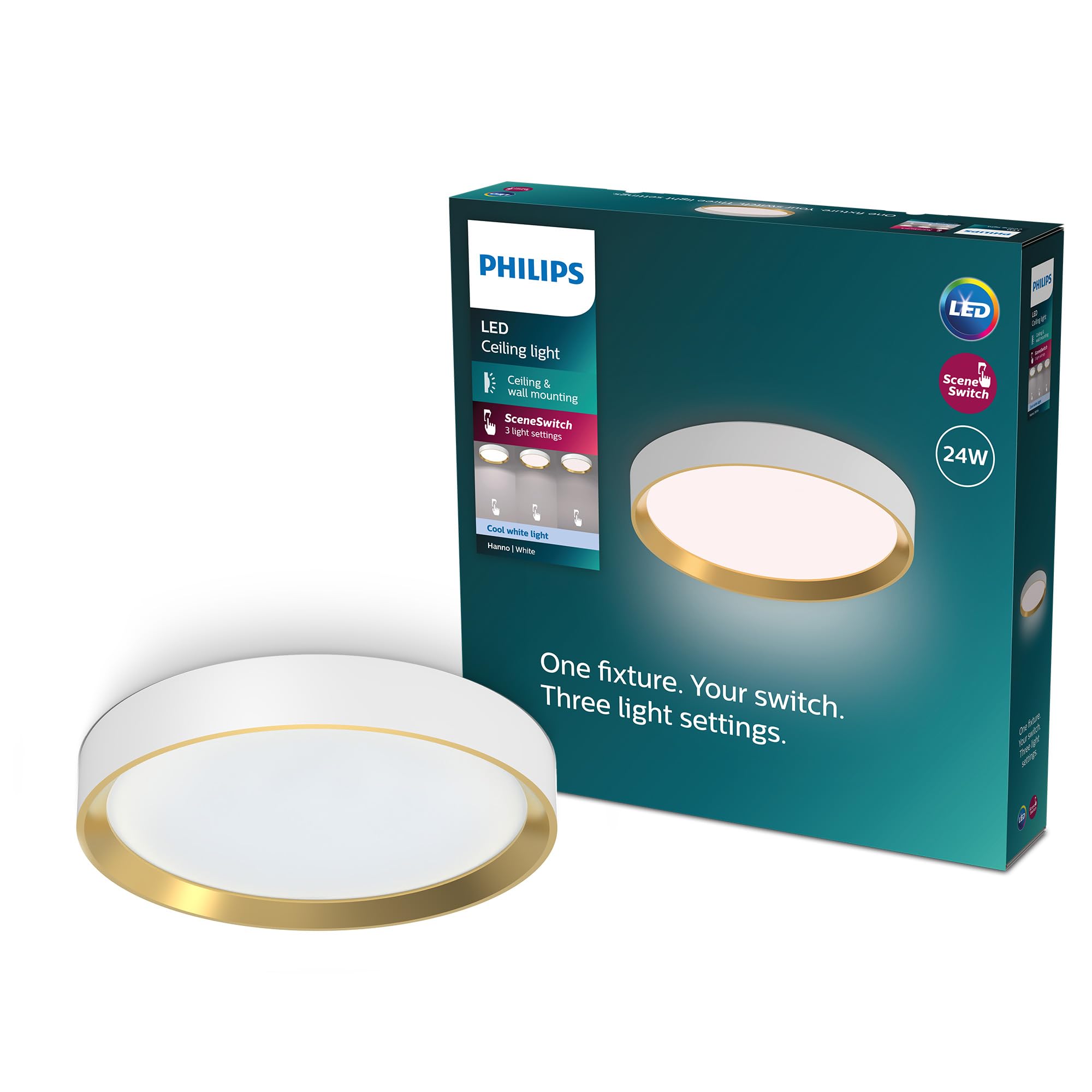 Philips Hanno Plafonnier LED avec SceneSwitch, 24 W, Variateur, 2800 lm, Éclairage led à lumière blanche et chaude 2700 K, Plafonnier avec la technologie EyeComfort, Facile à Installer, IP20, Blanc