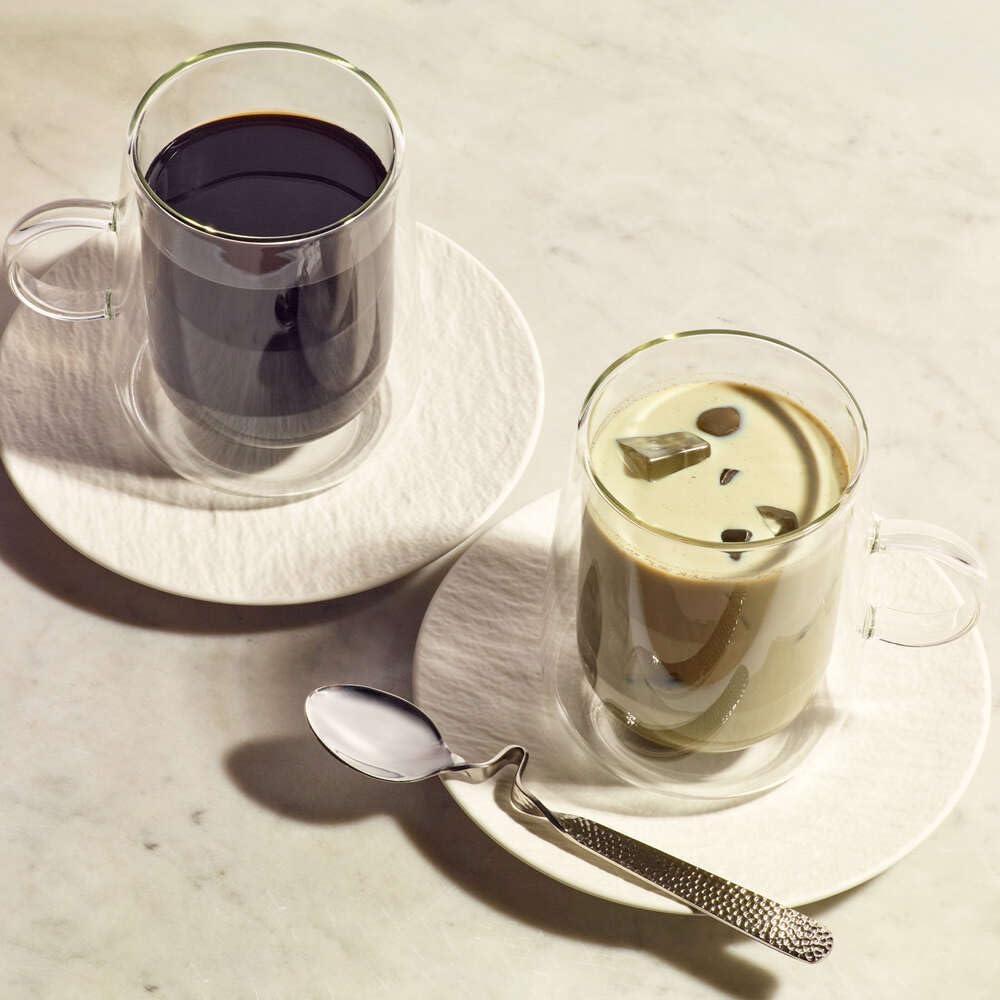 Villeroy & Boch Manufacture Rock/Artesano Original Coffee for 2, Set of 2 Insulated Latte Glasses with Saucers and Spoons (Clear/White/Silver)
