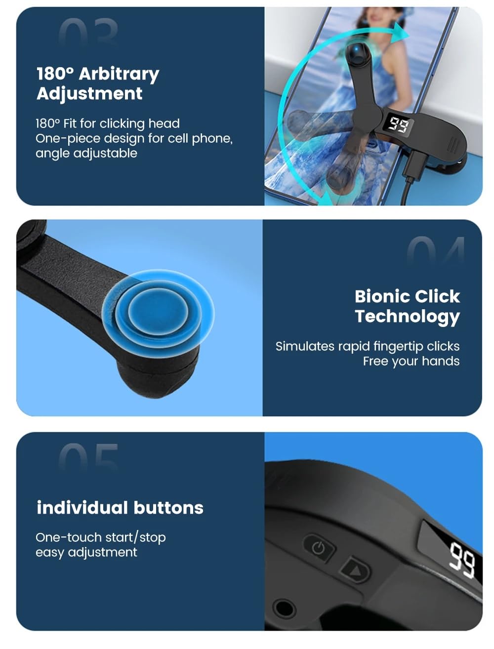 Clicker automatico per schermo, schermo automatico, clic rapido per video live streaming, strumenti di presa USB simulatore, clic sulle dita sullo schermo silenzioso con indicatore LED