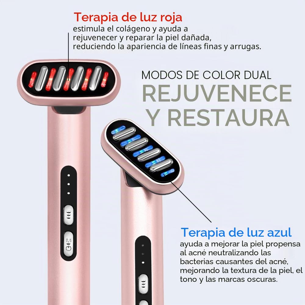 Varita Facial 5 en 1 | Dispositivo de Microcorriente y Luz LED para Antienvejecimiento | Masajeador Facial Con Terapia de Luz Roja y Azul, Calor para Rejuvenecimiento