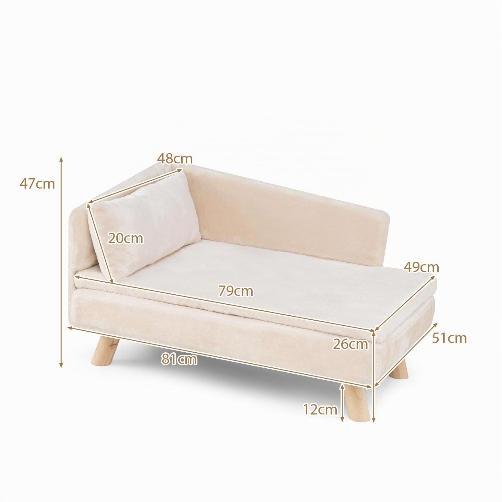 GYMAX Cama para Perros de Interior, Sofá para Mascotas con Patas de Madera de Pino Elevadas, Respaldo Alto, Cojines Desmontables, Cama Acolchada para Gatos Animales de Tamaño Mediano, Pequeño (Blanco)