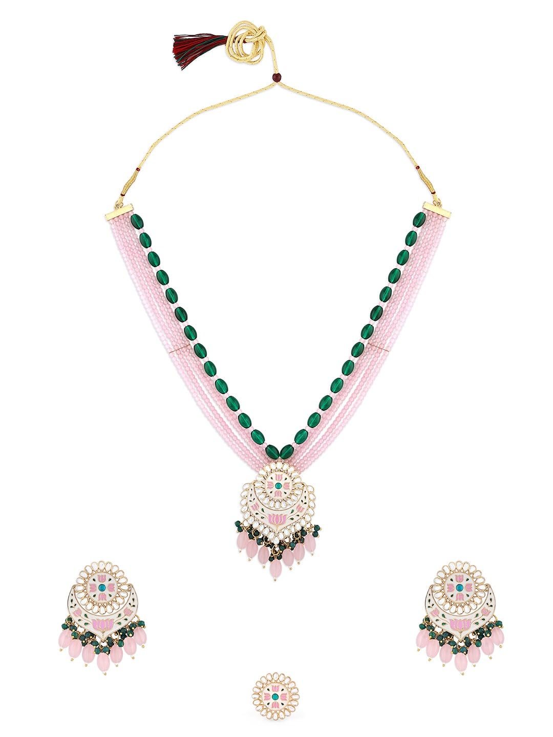 ZAVERI PEARLS Pink Green Multistrand Crystal Meenakari Necklace Earring Ring Set For Women-ZPFK18489 (B0DBP4VVTD) Amazon Price History, Amazon Price Tracker