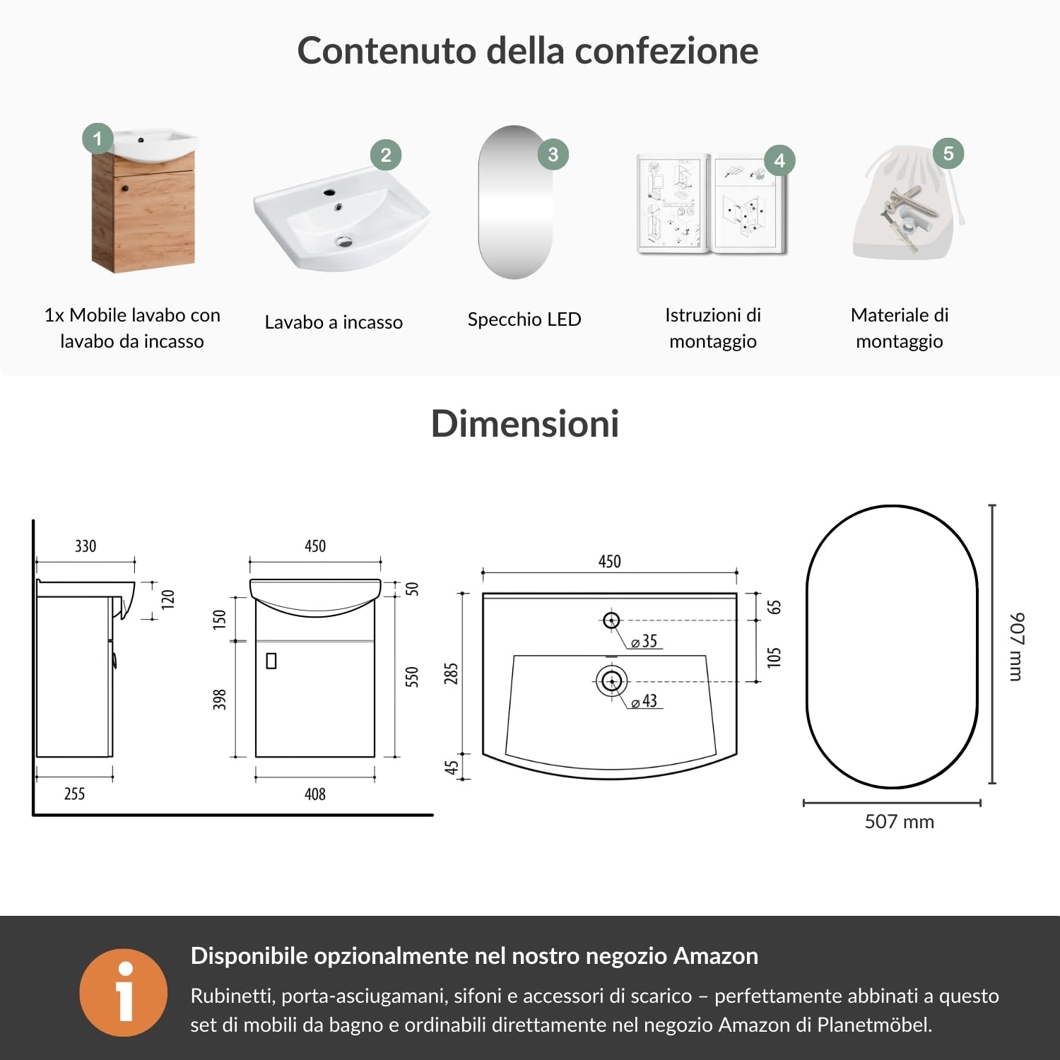 Planetmöbel Set di mobili da bagno lavabo con mobiletto 45 x 60 x 33 cm, specchio con illuminazione 50 x 90 cm per WC ospiti, rovere oro