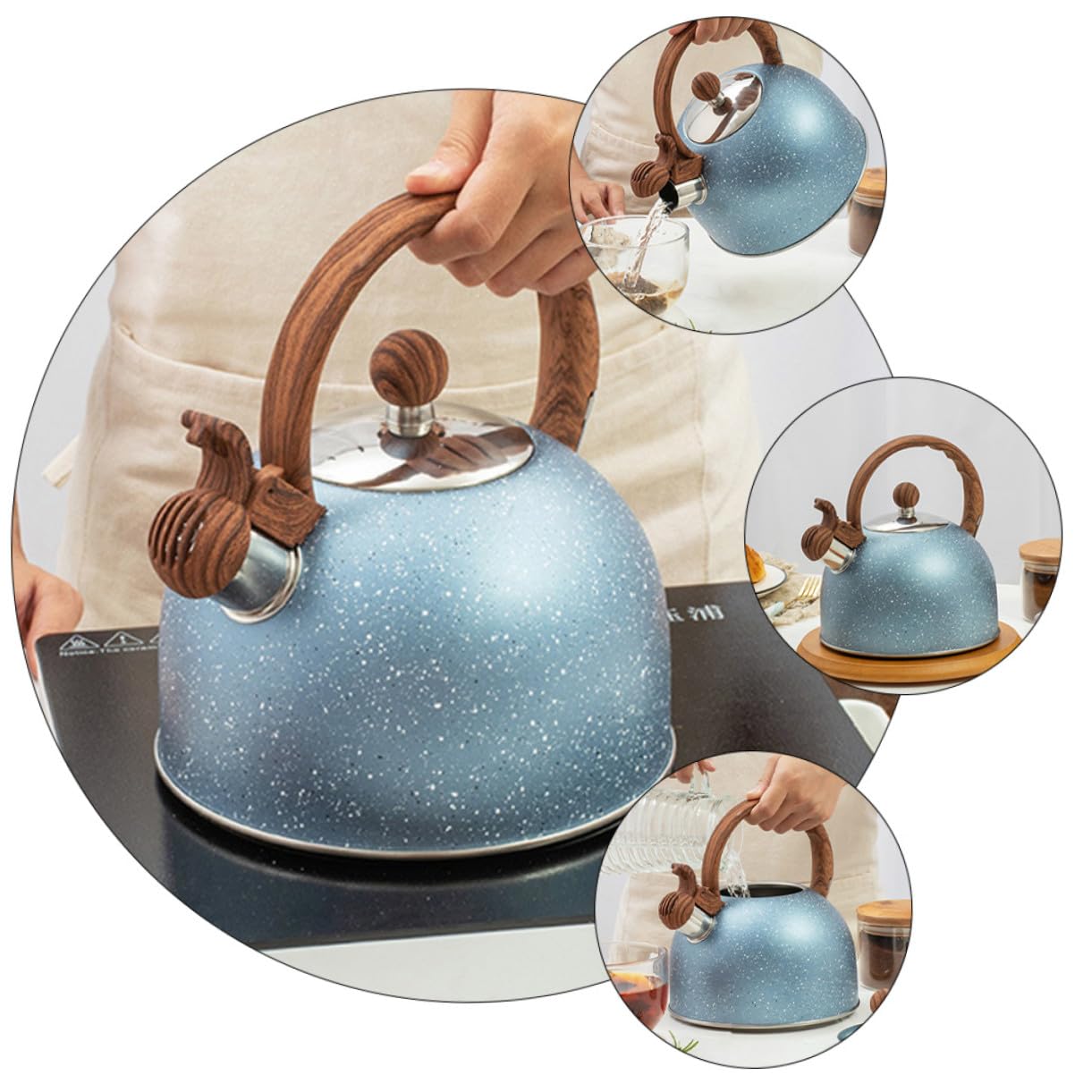 2,5l Blauer Teekessel aus Edelstahl mit Pfeife und Holzoptikgriff Geeignet für Induktion Anti Verbrühend für Zuhause und Restaurant