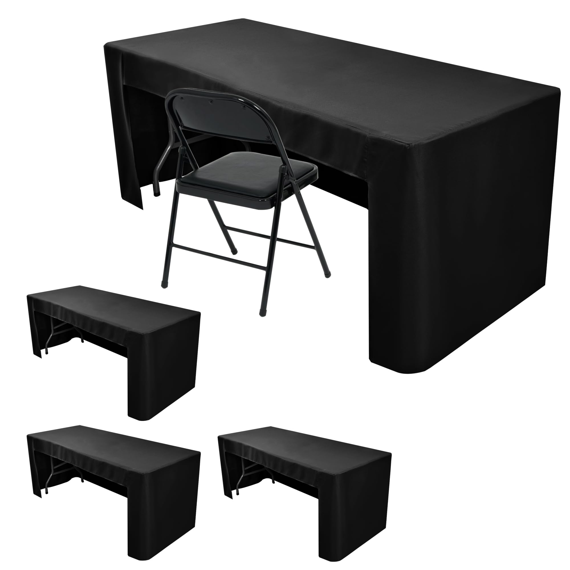 Nasitos 4 Pack Fitted Black Tablecloths for 6 foot Rectangular Tables-Washable and Wrinkle Resistant Trade Show Table Cover, Open Back Folding Table Cloth for Craft Show, Parties, Events, Vendor Booth