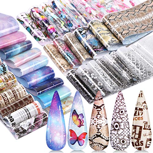 50 Pcs Nail Foil Transfer Sticker, KISSBUTY Old English Newspaper Starry Sky Nail Art Stickers Tips Wraps Foil Butterfly Snake Print Nail Foil Transfer Adhesive Glitters Lace DIY Nail Decoration