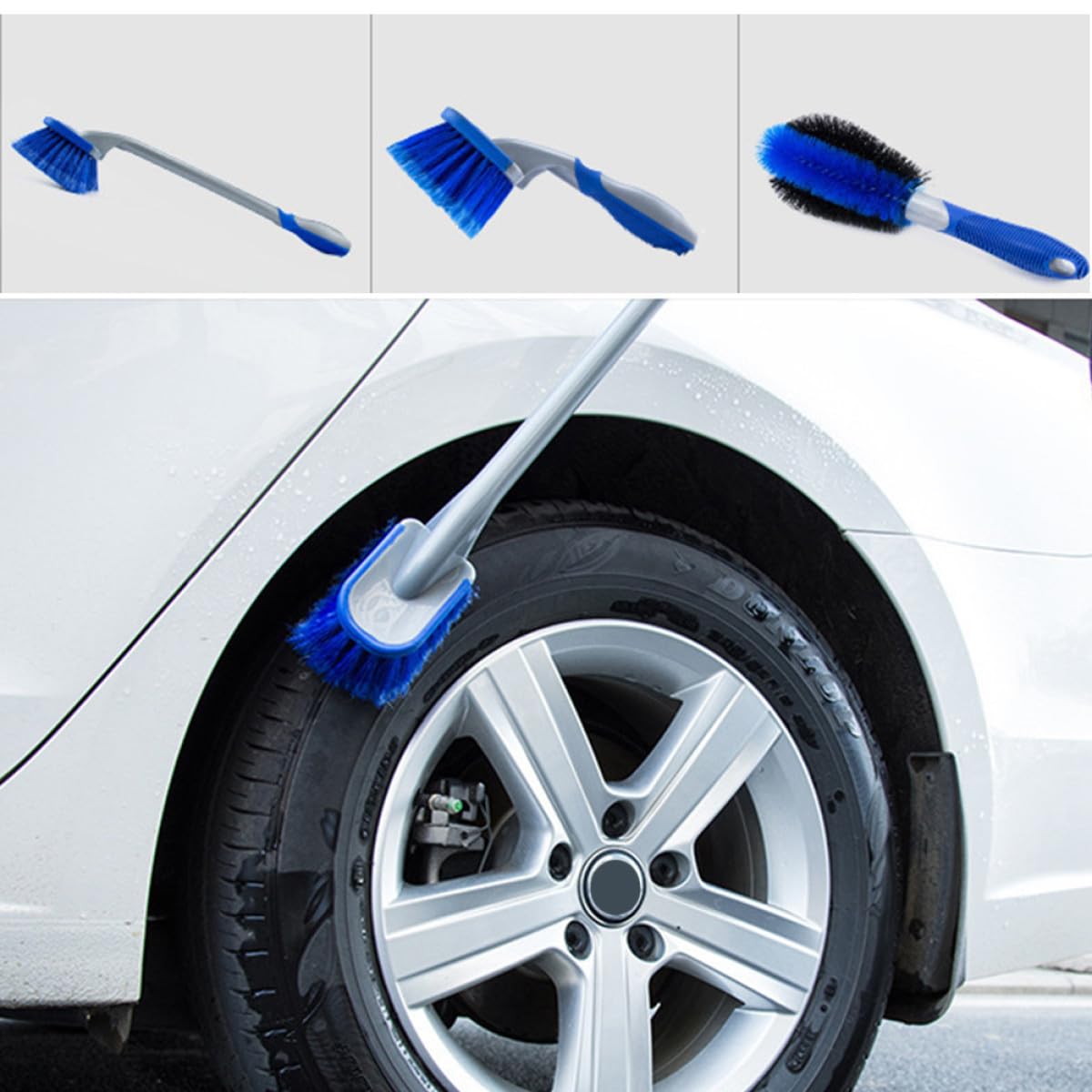Ciieeo Set di 3 Spazzole per Cerchioni Auto Blu in PVC e Pp | Impugnature Corte e Lunga, per Raggio e Paraurti, Kit Pulizia Pneumatici, Uso Auto e Moto