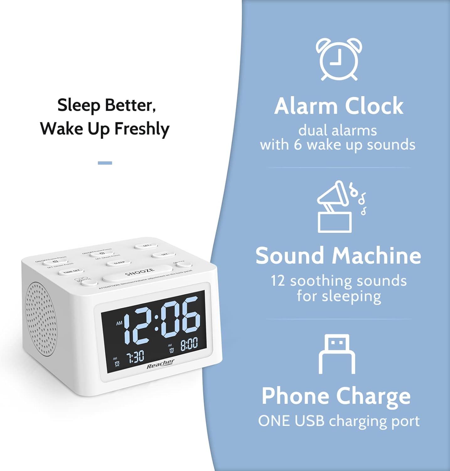 REACHER Dual Alarm Clock and White Noise Machine with Adjustable Volume, 12 Soothing Sounds for Sleeping, 6 Wake Up Sounds, Auto-Off Timer, USB Charger, Battery Backup, 0-100% Dimmer for Bedroom… : Health & Household