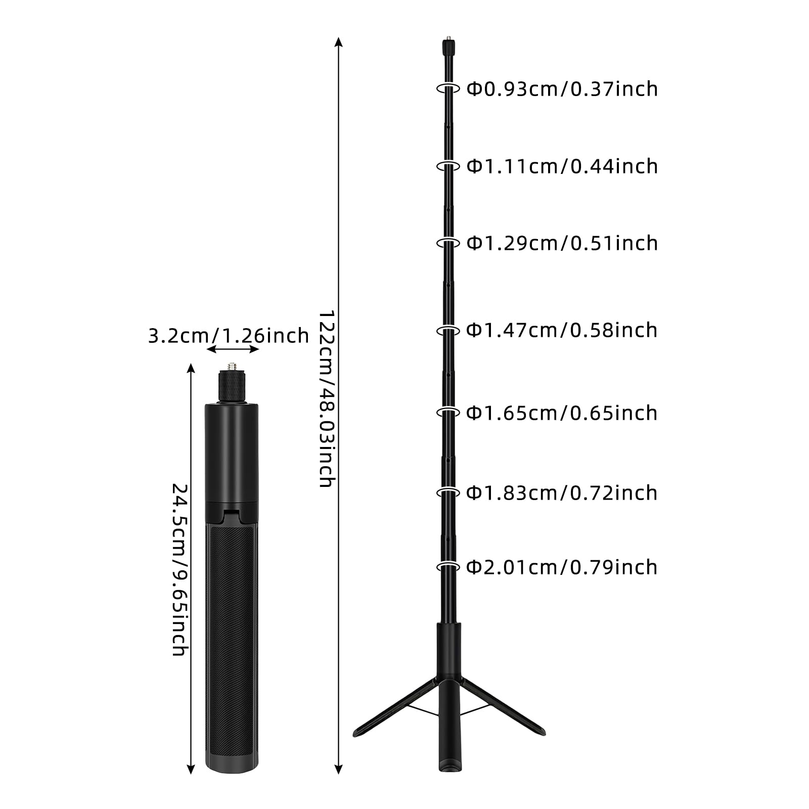 Bastone per selfie con treppiede, 122 cm, in lega di alluminio, supporto