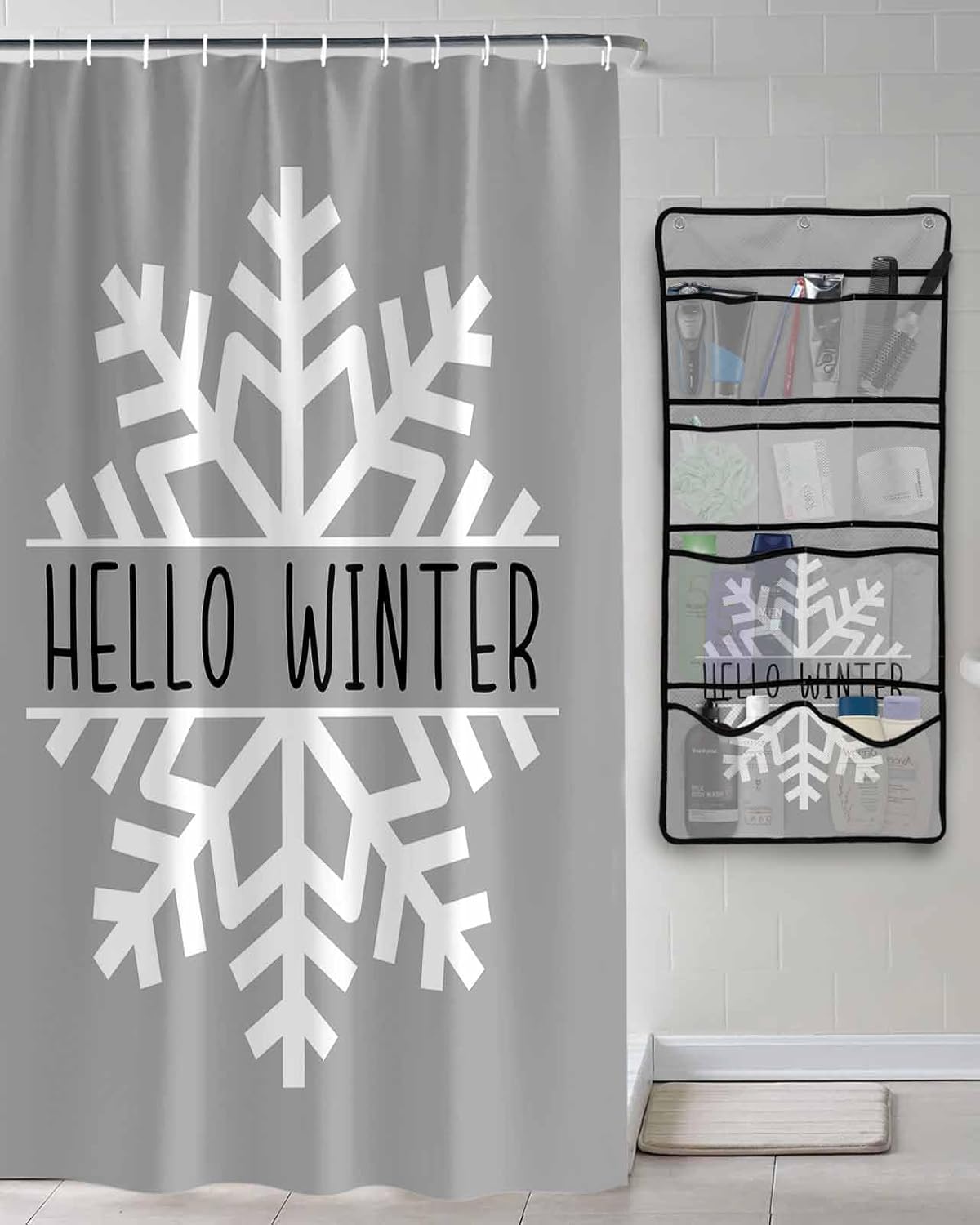 Shower Curtain Mesh Shower Organizer Hanging Set Hello Winter Snowflake Grey Waterproof Shower Curtains with 10 Pockets Quick