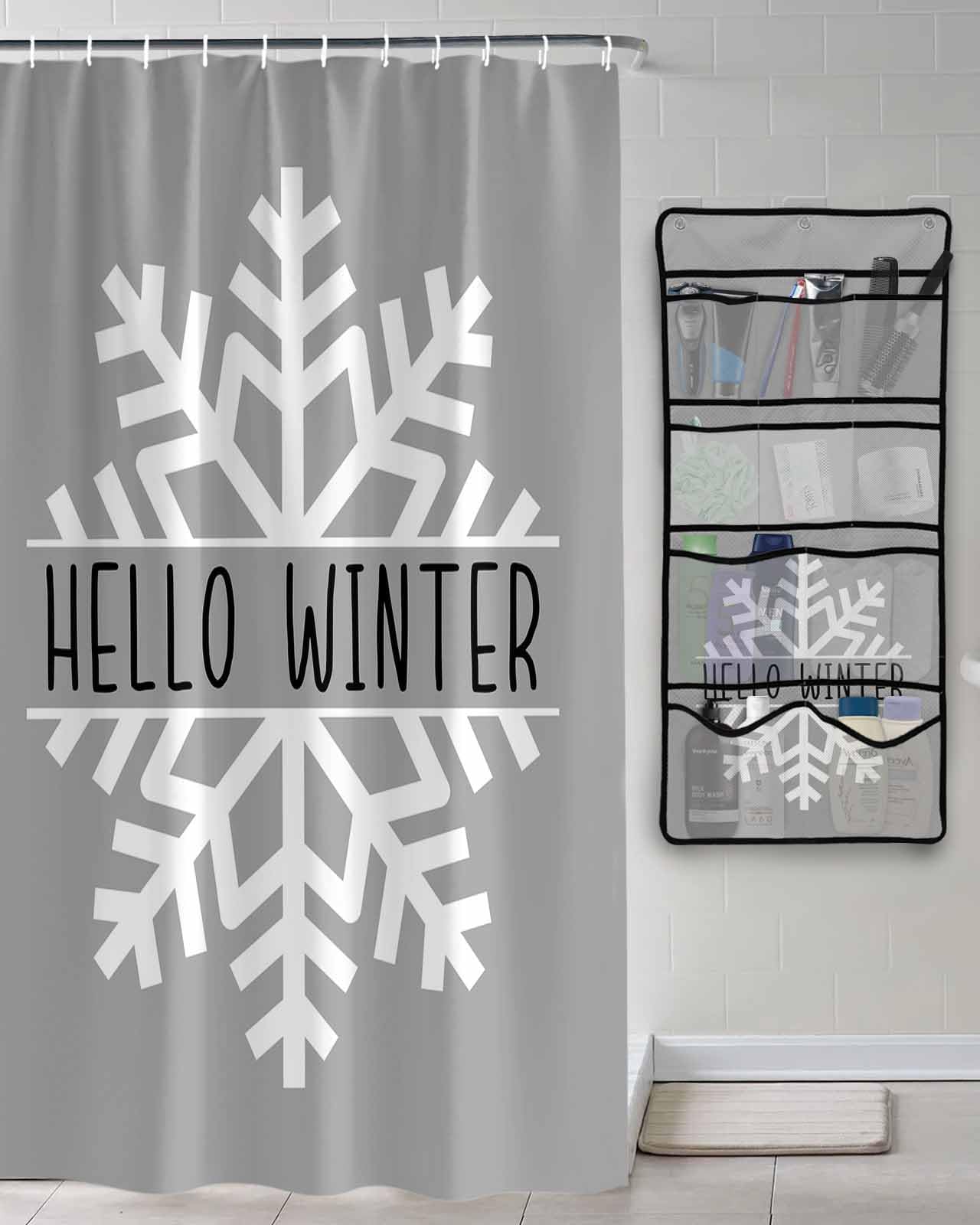 Shower Curtain Mesh Shower Organizer Hanging Set Hello Winter Snowflake Grey Waterproof Shower Curtains with 10 Pockets Quick