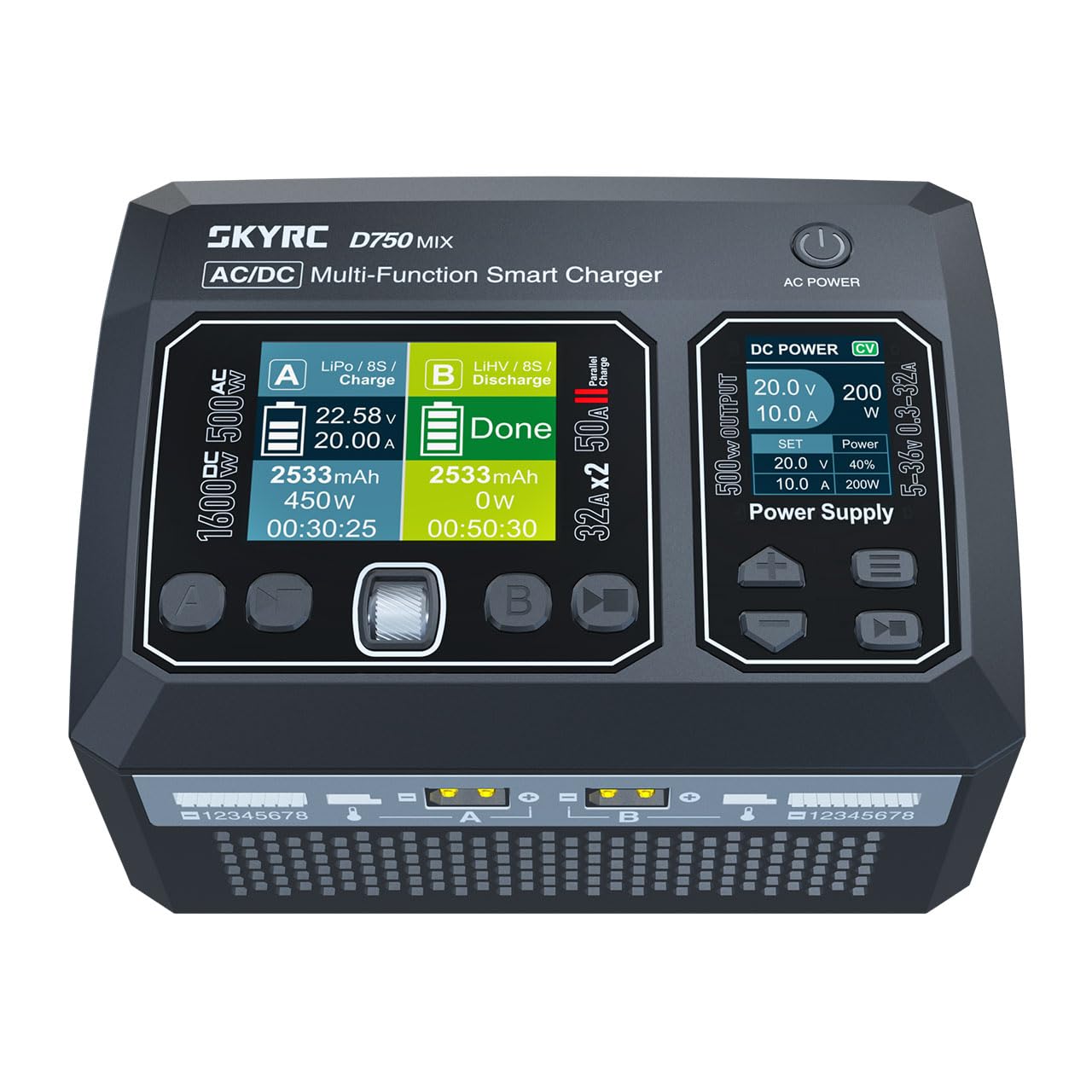 SkyRC Cargador LiPo/Life/Li-ion/LiHV D750 Mix, 1-8S, 32A, 500W AC/1600W DC, 180x136x112mm, 1626g, 9-49V DC/100-240V AC