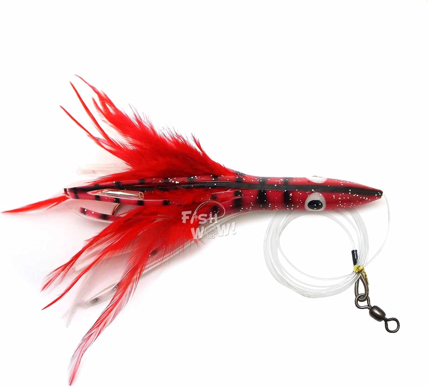 5pcs Fish WOW! 6" Fishing Tuna Clone Feather Rig Trolling 3oz Bullet Weight Head Lure -5 Colors- Mexican Flag, Black Purple, Red White, Blue White, Green Yellow