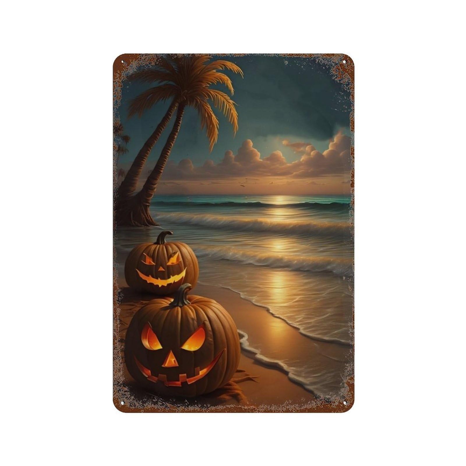 Halloween Pumpkins on Tropical Beach Aged Metal Wall Plaque 11.8"x7.9", Classic Wall Plaque for Garage, Pub Or Kitchen