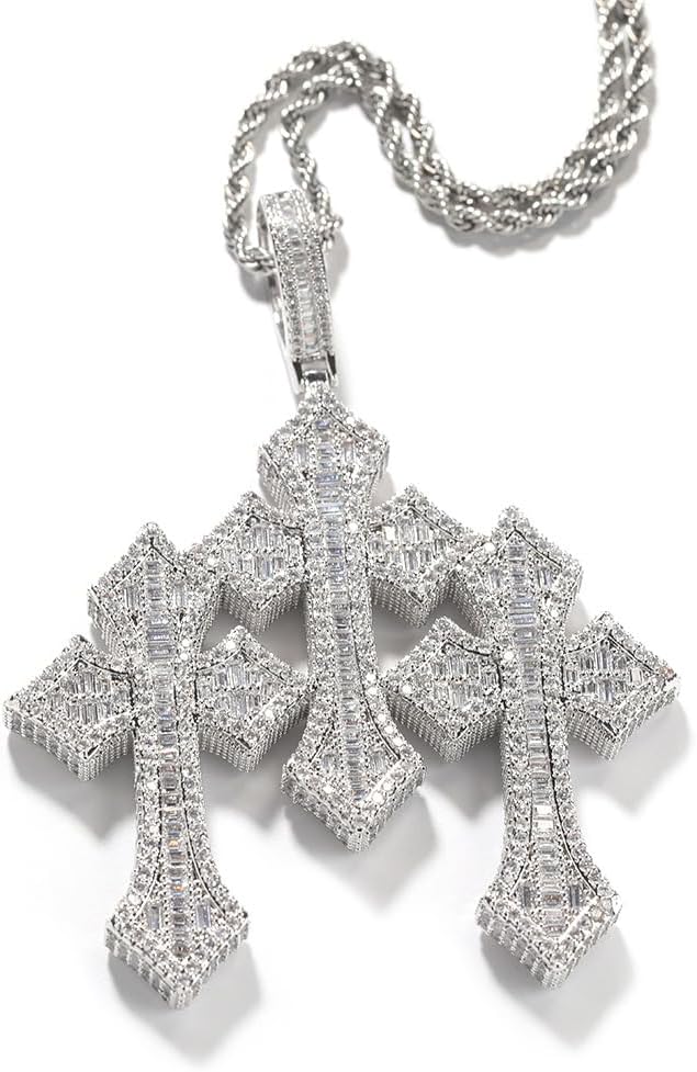 Luxury Crystal Cross Pendant Necklace with Rope Chain, Baguette Cut CZ Diamonds, Silver, Rose Gold, Gold Plated