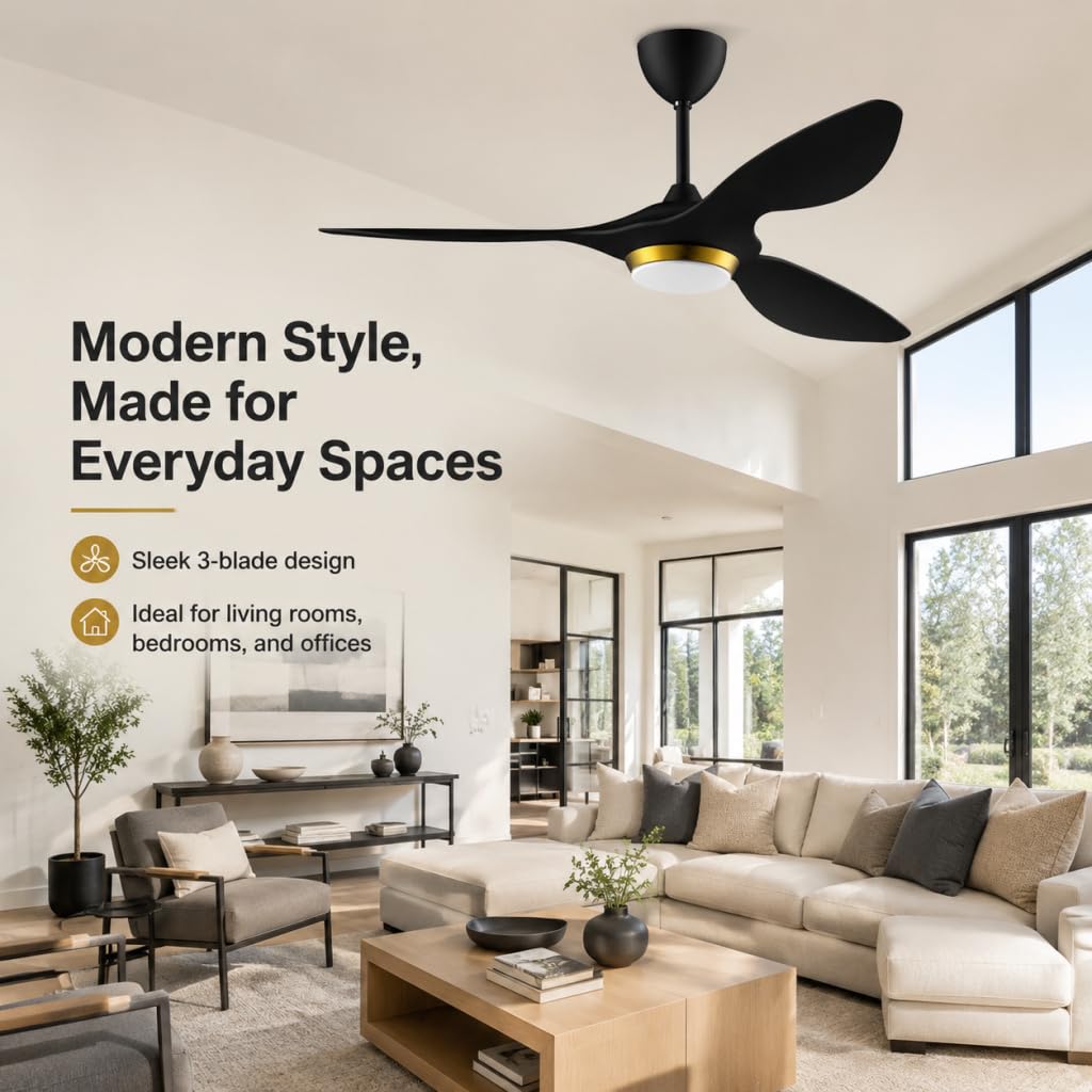 reiga 52 Inch Black Modern Ceiling Fans with Lights and Remote