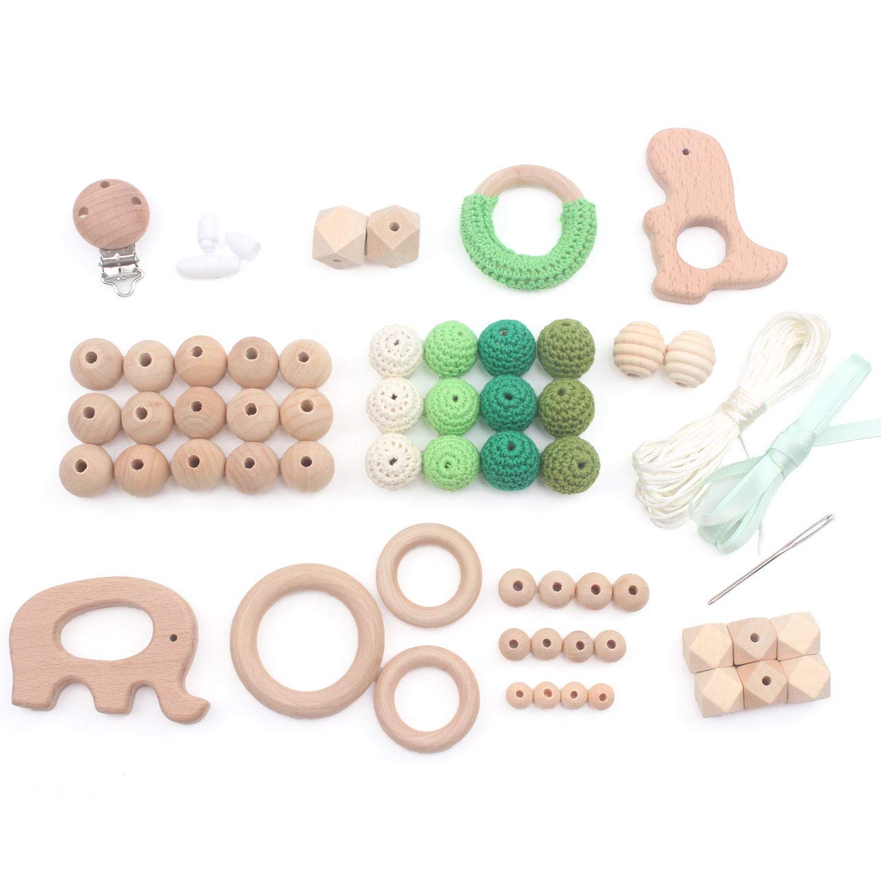 Teething Kit Baby Wooden Beads Rings Supplies, Make Your Own Baby Chew Jewelry, DIY Teether Necklace, 61pcs, Green