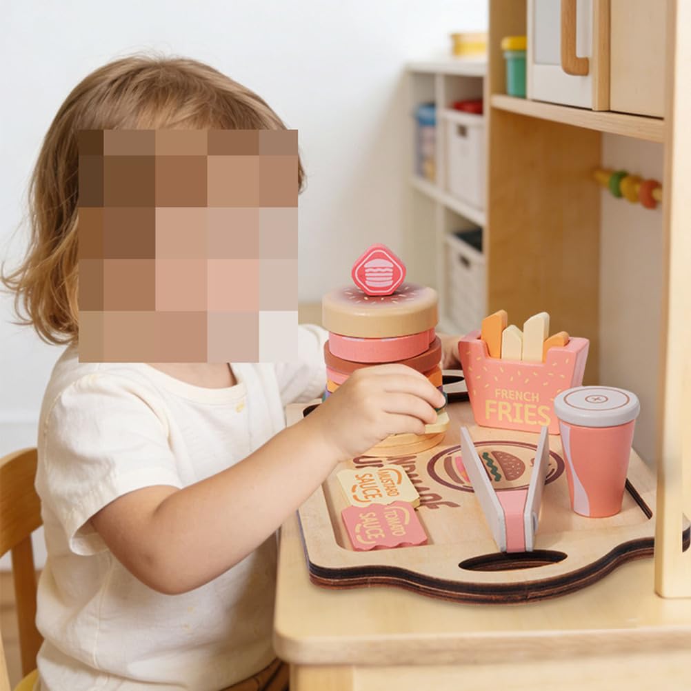 Set di Gioco di Finzione di Fast Food in Legno, Giocattolo Cibo Hamburger Patatine Bevanda