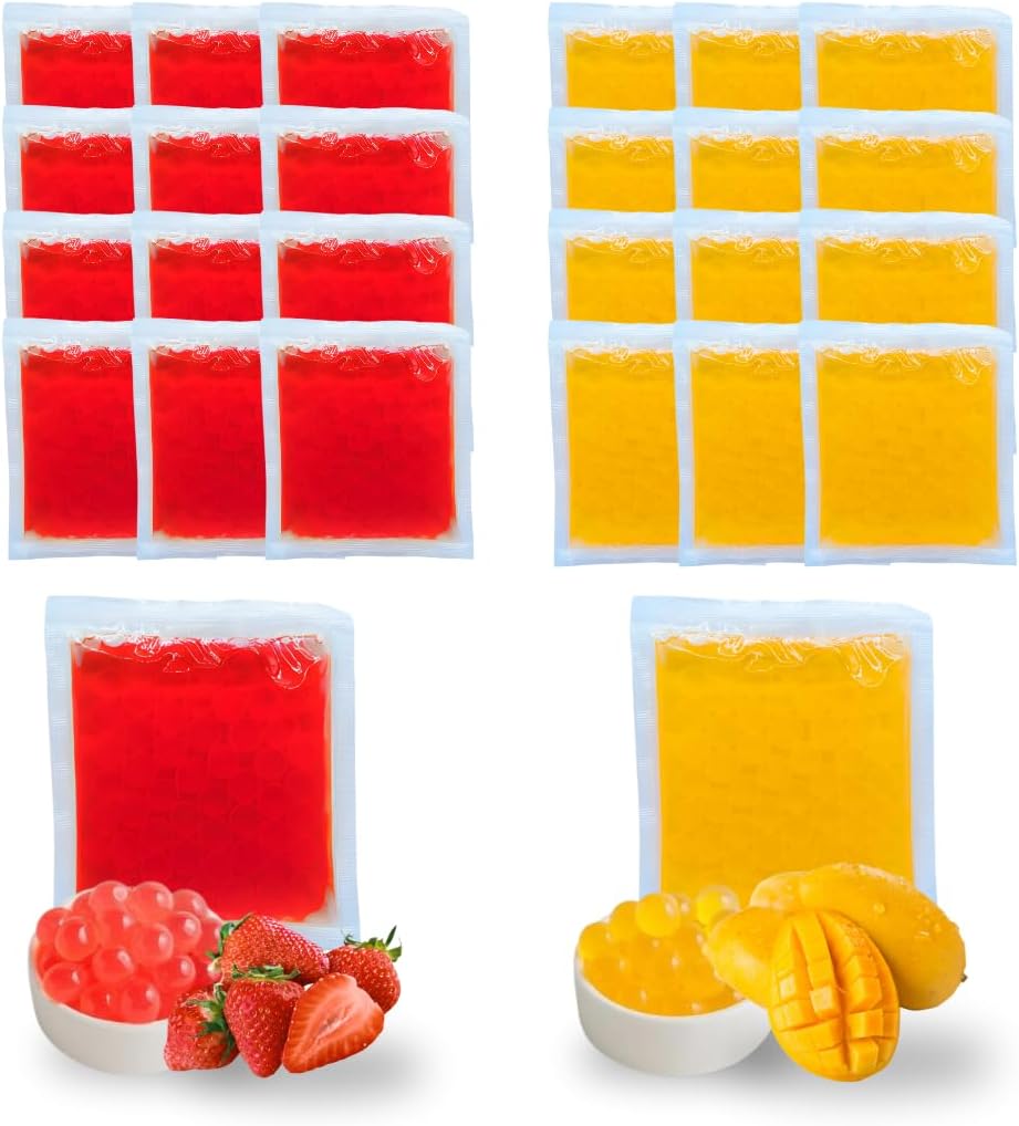 Popping Boba Pearls Multipack (24 x 50g) - Strawberry and Mango - Vegan, Non-Dairy, Fat-Free & Gluten-Free - Tempo Bursting Boba, 24 Servings