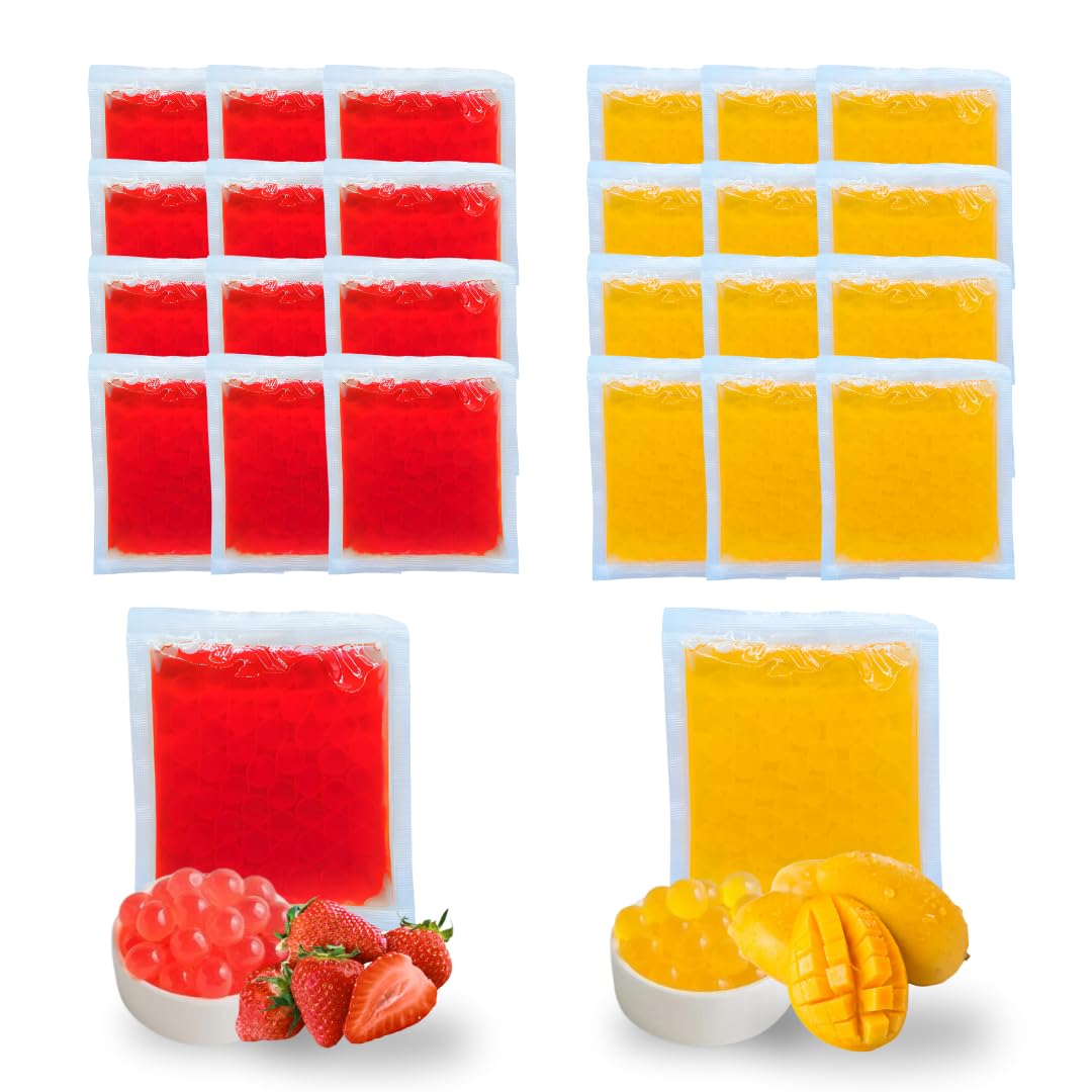 Popping Boba Pearls Multipack (24 x 50g) - Strawberry, Mango - Vegan, Non-Dairy, Fat-Free & Gluten-Free - Tempo Bursting Boba, 24 Servings