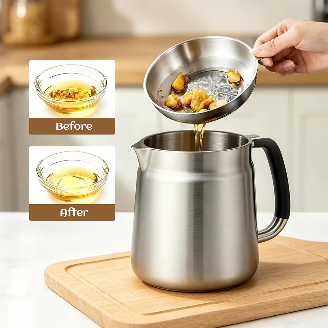 Pentola per friggitrice con cestello e colino, 2 l, grande capacità, in acciaio inox 304, filtro dell'olio per cucina, friggitura, cucina, campeggio